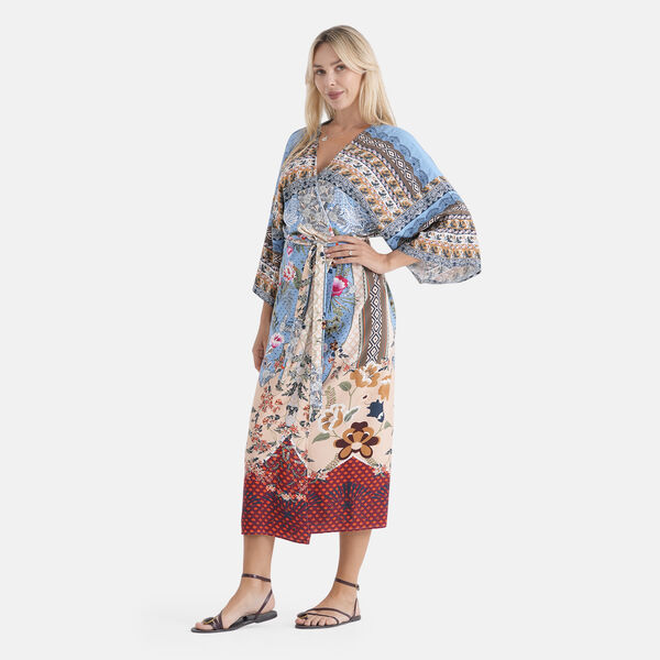 LA MAREY Kimono mit Vogel- und Blumenprint 100% Viskose Einheitsgr&ouml;&szlig;e 128 cm L&auml;nge, passend f&uuml;r Gro&szlig;e 36-44, Beige image number 3