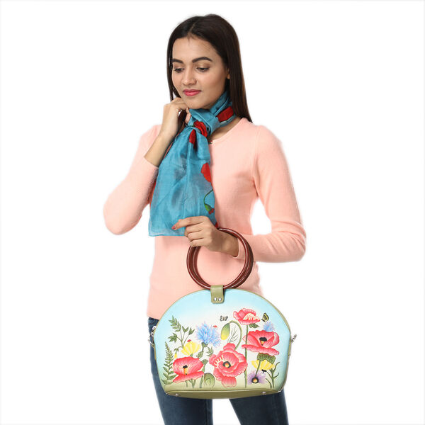 SUKRITI, Handbemalte 100 % Leder Tasche mit Maulbeerseiden Schal, Blumenmuster, Himmelblau image number 3