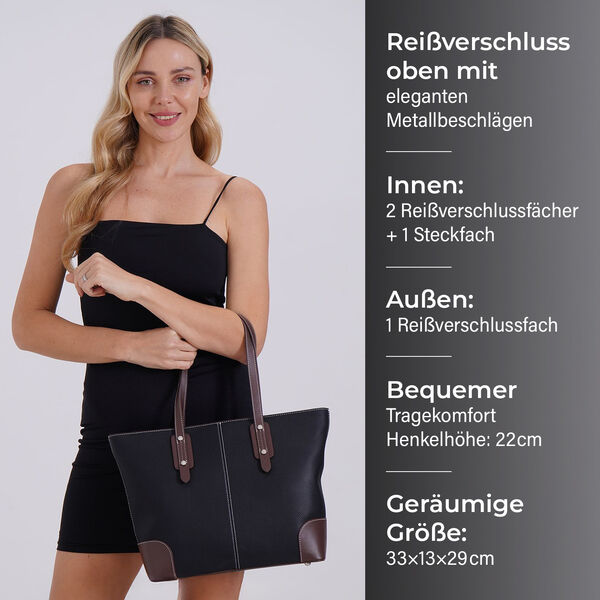 Echtleder Modische, ger&auml;umige Kontrastfarbene Tasche, 33x13x29 cm, Schwarz image number 4