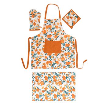 4er Set - 100% Baumwolle: Sch&uuml;rze, Handschuh, Topflappen, K&uuml;chentuch, Orange