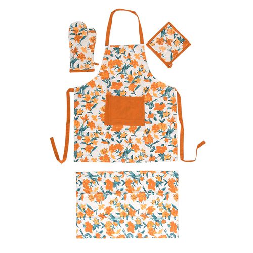 4er Set - 100% Baumwolle: Schürze, Handschuh, Topflappen, Küchentuch, Orange image number 0