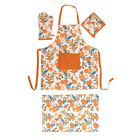 4er Set - 100% Baumwolle: Schürze, Handschuh, Topflappen, Küchentuch, Orange