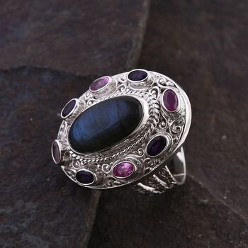 Royal Bali - Labradorit, Ilakaka Rosa Saphir (Fissure gef&uuml;llt) Ring, 925 Silber, (Gr&ouml;&szlig;e 16.00), ca. 11.40 ct