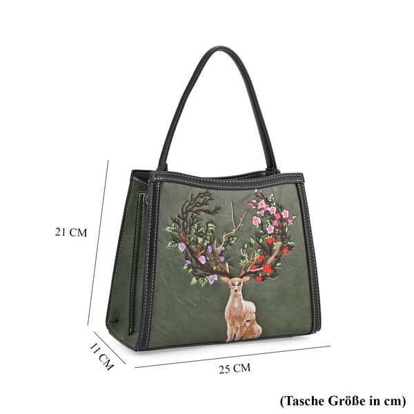 "PU Embroidered crossbody bag Color:Green Size:  25*11*21cm   Wall: PU Lining: Polyester Exterior:zipped-1,pocket-1 Interior: zipped-2,slid-1 Long Shoulder strap:130cm " image number 8