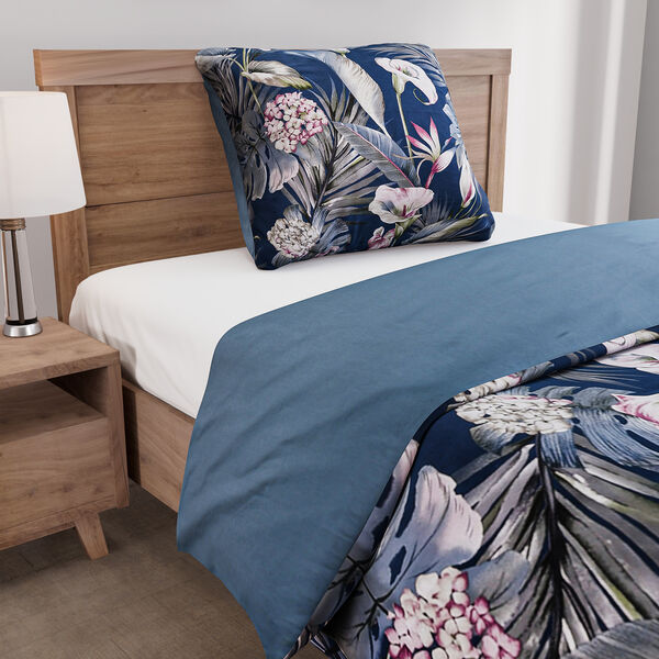 2er-Set Bett- und Kissenbezug, Gr&ouml;&szlig;e 135x200 cm und 80x80 cm, Blatt- und Blumenmuster, Blau image number 2