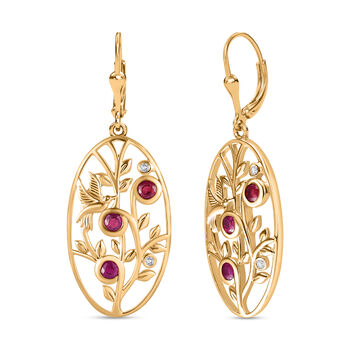 Afrikanischer Rubin (Fissure gef&uuml;llt), Wei&szlig;er Zirkon Ohrringe 925 Silber 750 Gelbgold Vermeil ca. 1,27 ct.