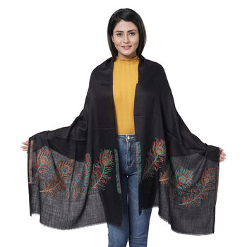 La Marey - 100% Kaschmir Schal mit gewebter Feder im Geschenk-Box, 70 x 200 cm, schwarz