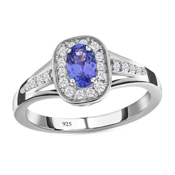 AAA Tansanit und Zirkon-Halo-Ring, 925 Silber platiniert, 0,78 ct.