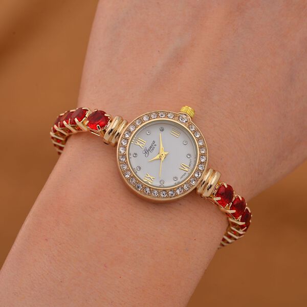 Genoa Time V2 - PC21S Japanisches Uhrwerk, Gehäuse mit weißen Kristallakzenten und PNP-Goldplattierung, rundes Zifferblatt mit weißen Ziffern und Kristallen, roten Zirkonia und weißen Kristallen image number 2
