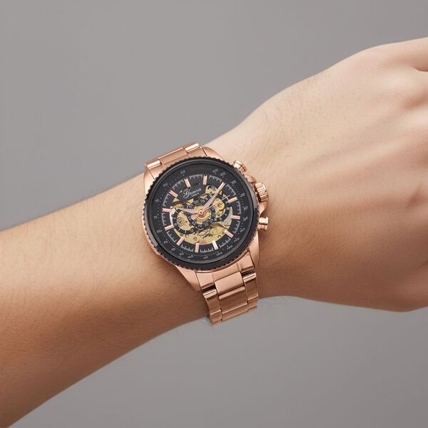 GENOA TIME - Bicolor-Armbanduhr, Reiner Edelstahl, schwarz-silberfarben, Automatik, 3 ATM wasserdicht image number 2