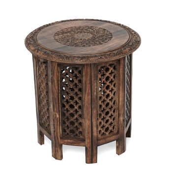 NAKKASHI - handgeschnitzter, klappbarer Beistelltisch aus Mangoholz, 45x45 cm, Antikes Finish