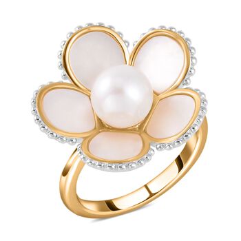 Wei&szlig;er S&uuml;&szlig;wasser Perle, Wei&szlig;er Perlmutt Ring, 925 Silber Bicolor (Gr&ouml;&szlig;e 18.00)