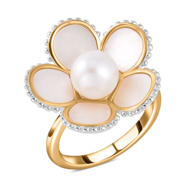 Wei&szlig;er S&uuml;&szlig;wasser Perle, Wei&szlig;er Perlmutt Ring, 925 Silber Bicolor (Gr&ouml;&szlig;e 18.00)