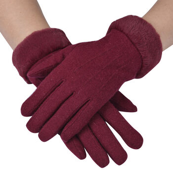 LA MAREY - Kaschmirwolle Handschuhe mit Kunstfell Bord&uuml;re, Burgunderrot