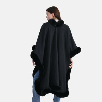 LA MAREY Poncho mit Kunstfellbesatz und Kristall-Detail, Schwarz, Einheitsgr&ouml;&szlig;e