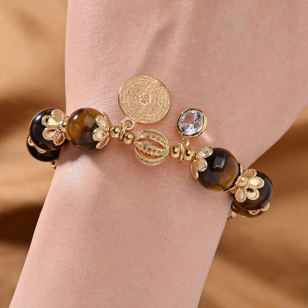 Gelbes Tigerauge, Weißer Kristall flexibles Charm-Armband, vergoldet image number 2