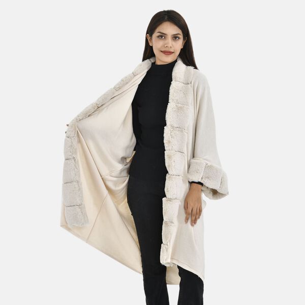 LA MAREY - Stilvoller langer Mantel mit Kunstpelzrand, 108x100cm, creme image number 4