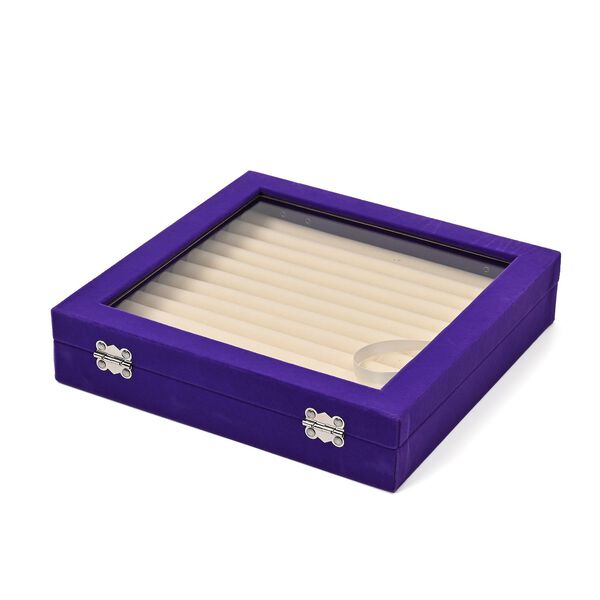 Quadratische Ringbox aus Samt mit Glasfenster und 10 Silberputztüchern, 24x24x5 cm, Violett image number 3