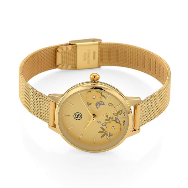 STRADA Uhr mit Japanischem PC21S Werk, Edelstahl-Mesharmband Goldfarben, florales Zifferblatt Gelb mit Wei&szlig;em Kristall image number 5