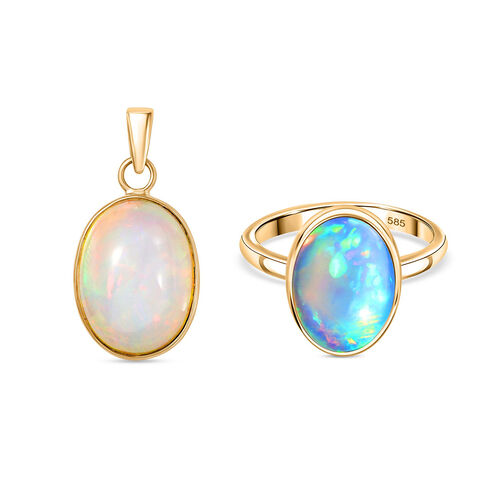 AAA Natürlicher, äthiopischer Welo Opal Anhänger und Ring in 585 Gold image number 0