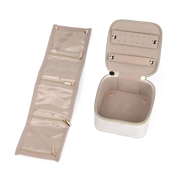 Samt-Schmuckbox mit 4 transparenten Schmuckbeuteln, 12x12x7 cm, Crème image number 5
