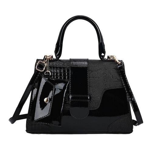 Premium PU Lackleder Handtasche mit Schlangen Prägung und extra Riemen, 28 x 19 x 11 cm, Schwarz image number 0