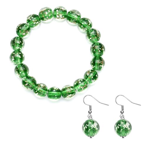 2er Set - Murano-Glasperlen Design, flexibles Armband und Ohrringe, Reiner Edelstahl, Grün image number 0
