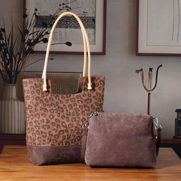 2er-Set Echtleder-Taschen, Shopper und Umh&auml;ngetasche mit trendigem Leopardenmuster, Dunkelbraun image number 2
