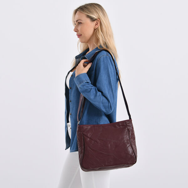 Umhängetasche aus Leder, Patchwork-Design, 31×11×27cm, Burgund image number 2