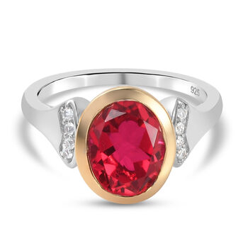 Rubelit-Triplett-Quarz und Zirkon Ring 925 Silber Bicolor (Gr&ouml;&szlig;e 17.00)