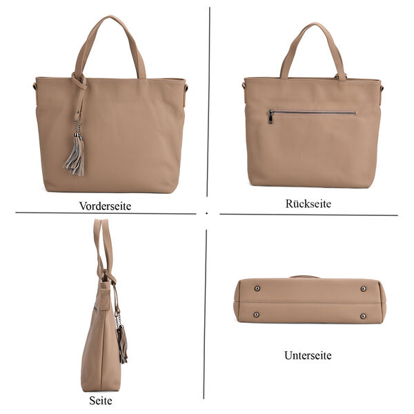 Echtleder-Tote-Bag mit Rei&szlig;verschlussfach hinten, Doppeltragegriff und Schulterriemen, 35x10x33 cm, Khaki image number 3