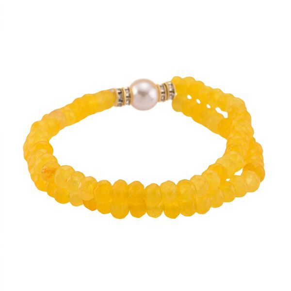 Wei&szlig;e Muschelkernperle (9-11 mm) Armband mit Gelbem Quarzit und Wei&szlig;em Kristall, flexibel, Goldfarben image number 4