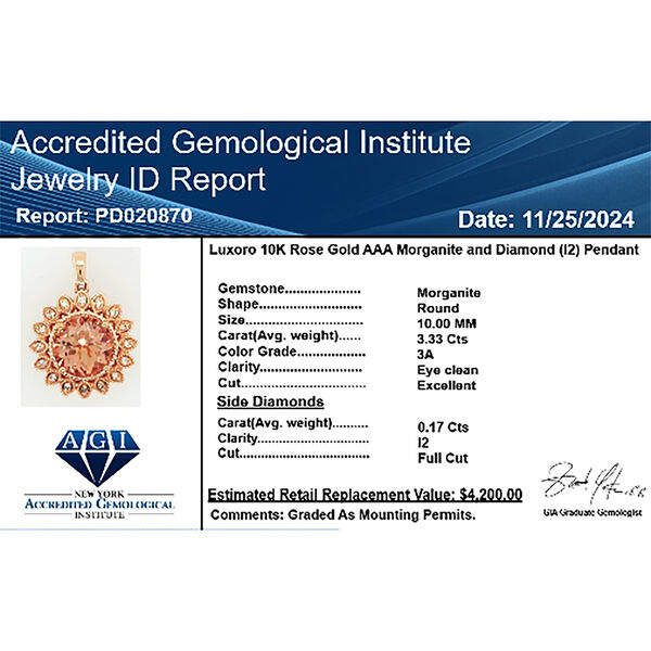 LUXORO zertifiziert und gepr&uuml;ft AAA Morganit und Diamant Anh&auml;nger in 417 Ros&eacute;gold - 3,50 ct. image number 5