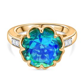 D’joy Pfau Quarz Triplette, Weißer Zirkon Ring 925 Silber 750 Gelb Vergoldet (Größe 19.00) ca. 7,51 ct