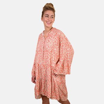 Gesmoktes Sommerkleid, Leopardenmuster, Wei&szlig;/Orange