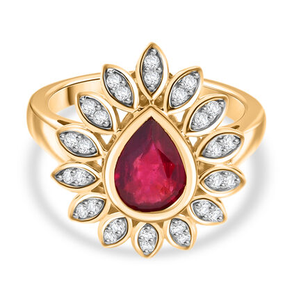 Garten der Kronjuwelen- D'Joy Afrikanischer Rubin (Fissure gef&uuml;llt), Wei&szlig;er Zirkon Ring 925 Silber 750 Gelb Vergoldet (Gr&ouml;&szlig;e 17.00) ca. 1.97 ct