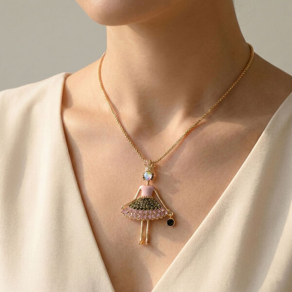 Mehrfarbiger Kristall Ballerina Anh&auml;nger mit Kette ca. 63.5 cm + 5 cm Extender, Legierung emailliert, Legierung Gelb image number 2