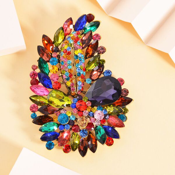 Mehrfarbiger Blatt Kristall Brosche,  Antikes Gold image number 1