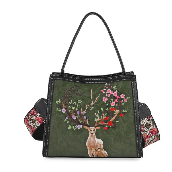 "PU Embroidered crossbody bag Color:Green Size:  25*11*21cm   Wall: PU Lining: Polyester Exterior:zipped-1,pocket-1 Interior: zipped-2,slid-1 Long Shoulder strap:130cm " image number 4
