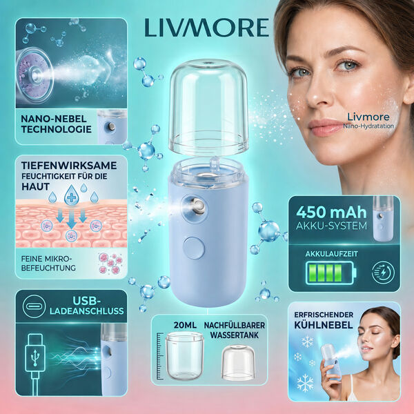 LIVMORE Mini-Nano-Feuchtigkeitsspray, wiederaufladbar, 20ml, Blau image number 2
