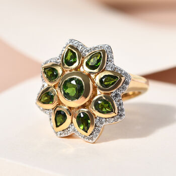 Nat&uuml;rlicher Chromdiopsid und floraler Zirkon-Ring in Silber, 2,53 ct.