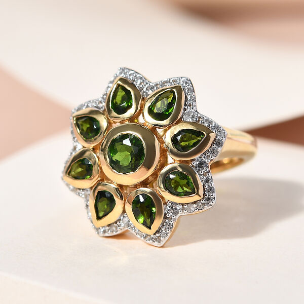 Natürlicher Chromdiopsid und floraler Zirkon-Ring in Silber, 2,53 ct. image number 2