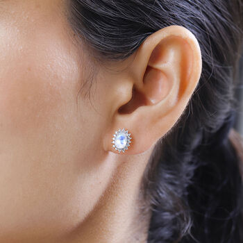 Regenbogen Mondstein, Wei&szlig;er Zirkon Ohrringe 925 Silber Platiniert ca. 2.38 ct