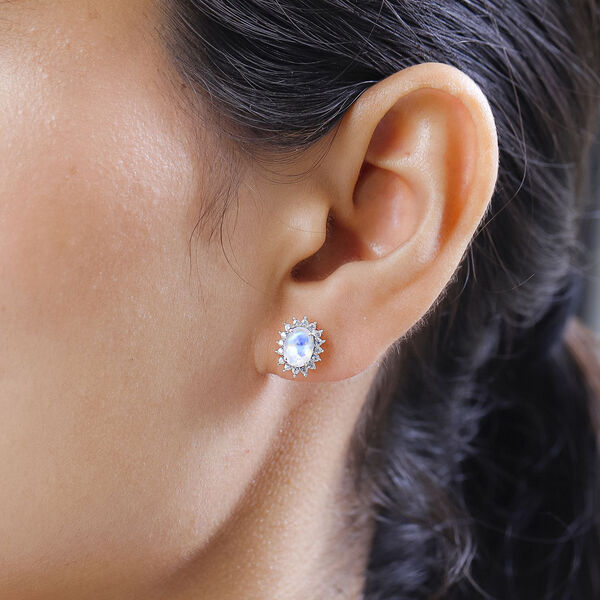 Regenbogen Mondstein, Wei&szlig;er Zirkon Ohrringe 925 Silber Platiniert ca. 2.38 ct image number 2