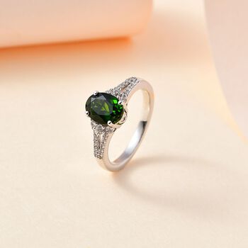 Nat&uuml;rlicher Chromdiopsid, Wei&szlig;er Zirkon Ring, 925 Silber platiniert, (Gr&ouml;&szlig;e 21.00) ca. 1.71 ct