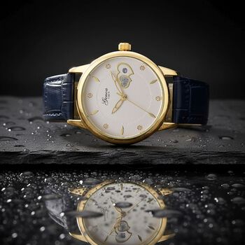 GENOA - Automatik-Armbanduhr mit Herz-Design und Datumsanzeige, Dandong-Uhrwerk, Wei&szlig;es Zifferblatt, Goldfarben, Blaues Lederarmband, 36 mm