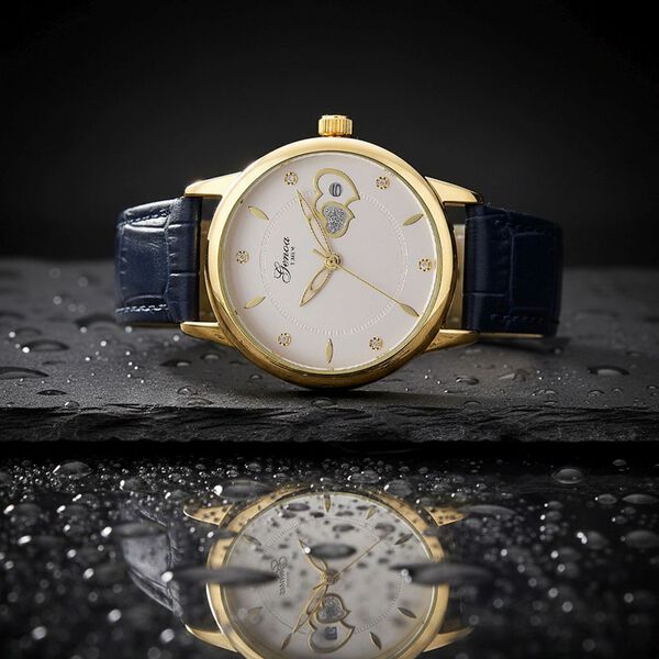 GENOA - Automatik-Armbanduhr mit Herz-Design und Datumsanzeige, Dandong-Uhrwerk, Wei&szlig;es Zifferblatt, Goldfarben, Blaues Lederarmband, 36 mm image number 2