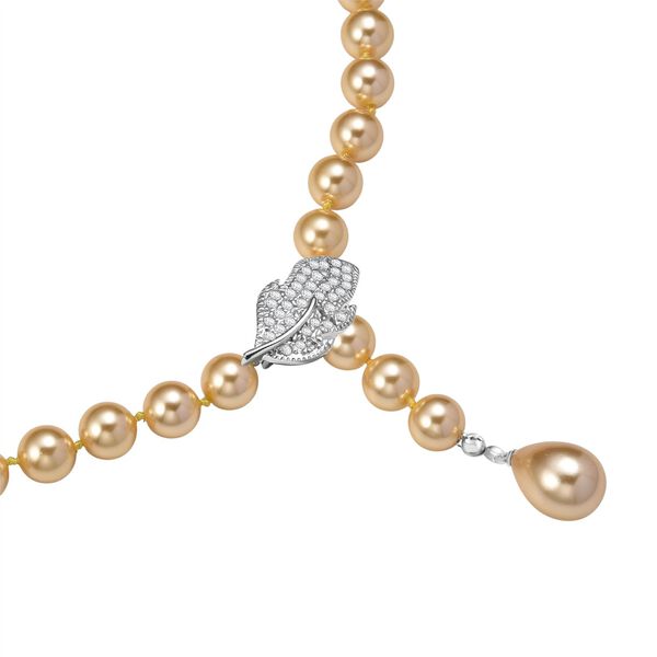 Goldene 10mm Muschelkernperle und wei&szlig;e Zirkonia 60cm Halskette image number 5