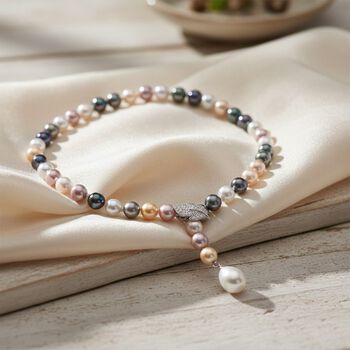 Mehrfarbige 10mm Muschelkernperle und wei&szlig;e Zirkonia 60cm Halskette