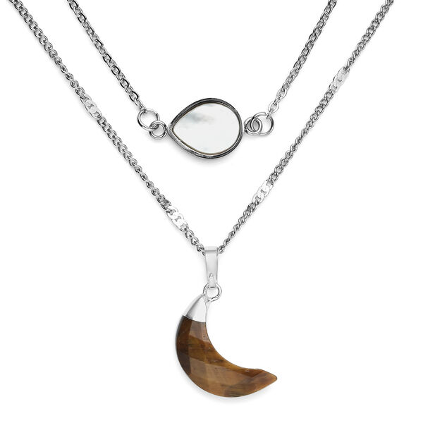 Gelbe Tigerauge und wei&szlig;e Perlmutt-Halskette, 48 cm, Edelstahl ca. 1,50 ct